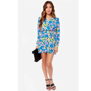 Lulus Fleur-ish and Prosper Floral Print Dress in Blue Yellow sz X-Small V-Neck